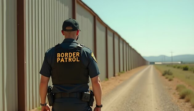 A border patrol officer walking along a corrugated wall border