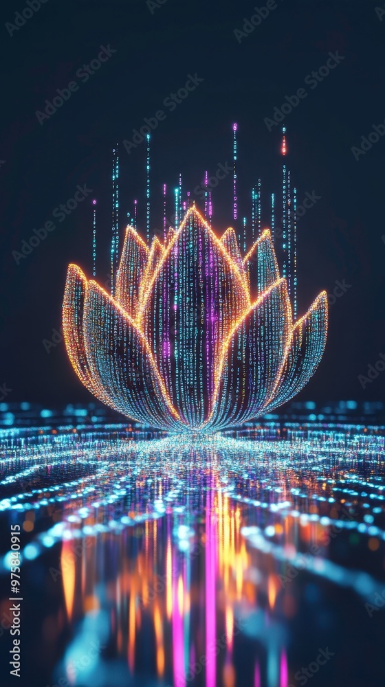 Aufkleber colorful neon lotus surrounded by vibrant digital binary code in a minimalist aesthetic setting