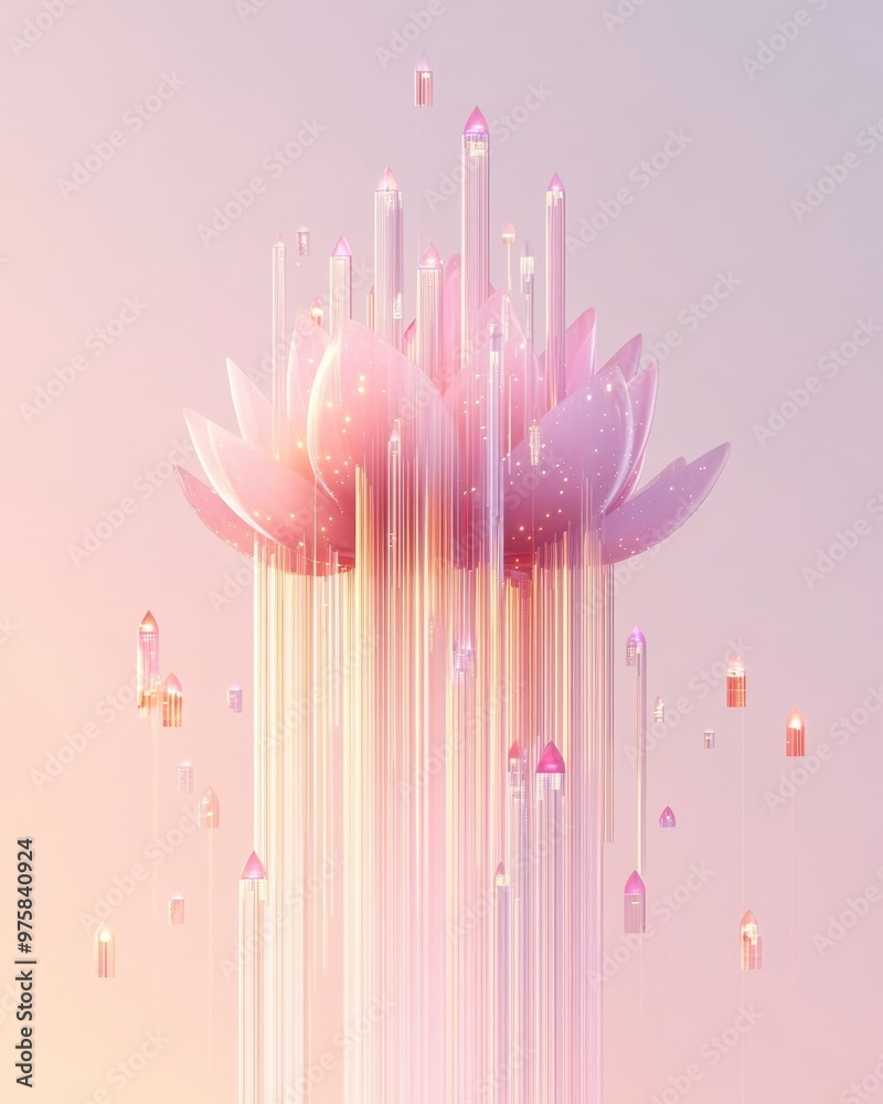 Poster vibrant digital portrayal of a lotus rising with pastel lights in a serene minimalist setting