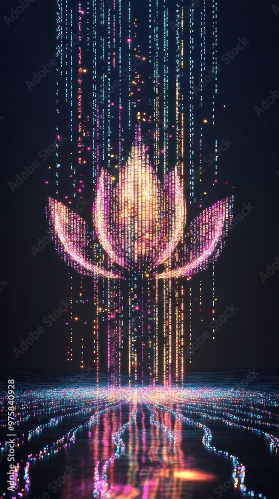 Poster Colorful Neon Lotus Surrounded by Flowing Digital Binary Code in Minimalist Design