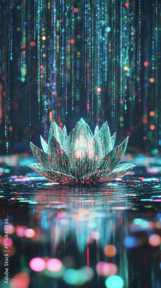 Poster Digital Lotus With Flowing Neon Lights and Binary Code in a Minimalist Setting at Night