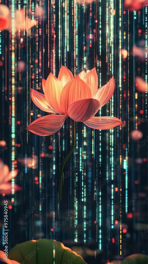 Poster vibrant lotus flower amidst flowing digital binary lights in a minimalist setting