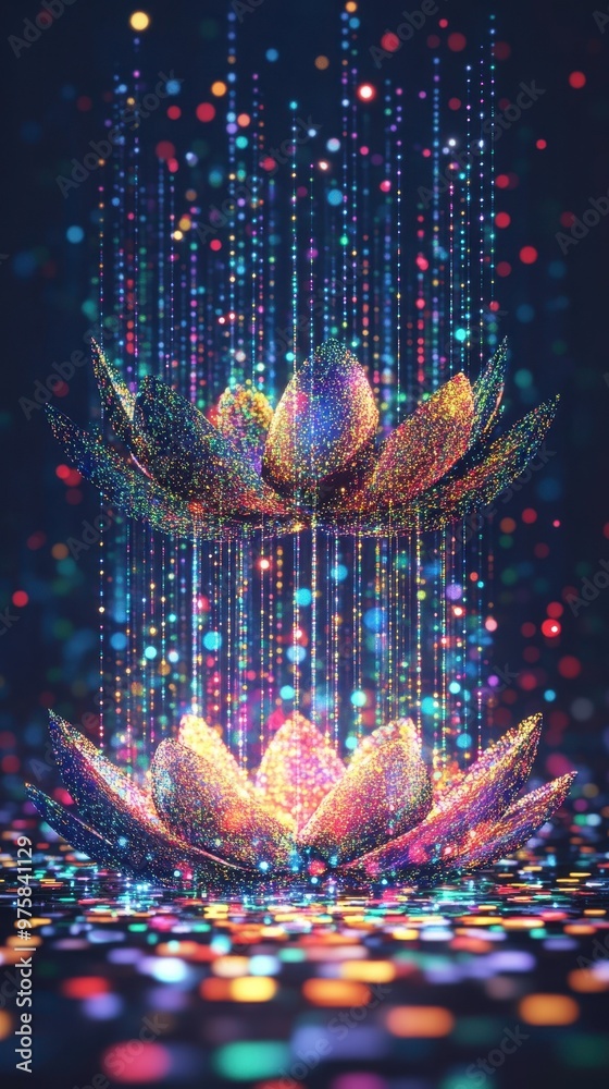Poster Vibrant Lotus Illuminated by Colored Lights and Binary Code in a Minimalist Digital Art Setting