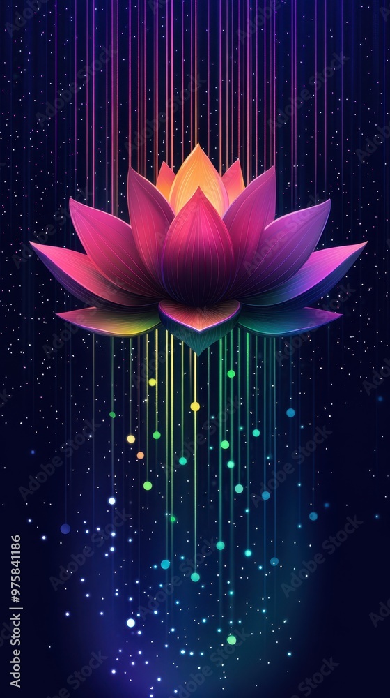 Poster Colorful Lotus Flower Illuminated by Digital Binary Code and Rainbow Lights in a Minimalist Style