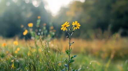 Obraz premium Close-up of a sunlit yellow flower amidst grassy field and distant trees Sunlight illuminates the grass