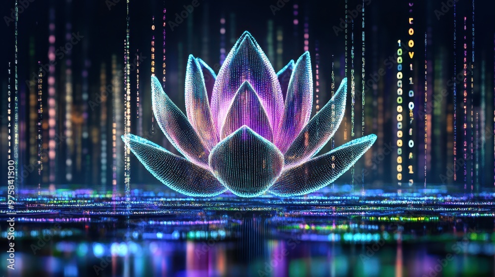 Aufkleber Vibrant Digital Lotus Surrounded by Flowing Binary Code and Colorful Lights in a Minimalist Style
