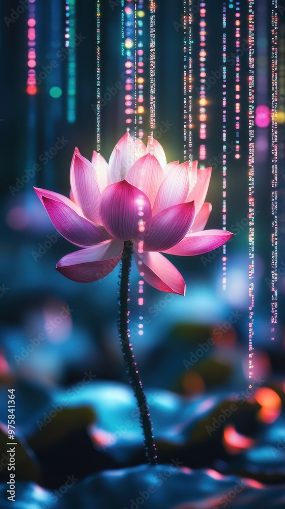 Leinwandbilder vibrant lotus rising amidst flowing pastel lights and digital binary code in a serene setting