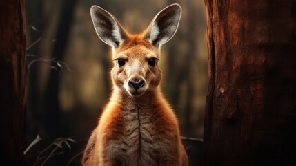 Fototapeta premium A close-up of a kangaroo's face, showcasing its large ears and expressive eyes, as it curiously gazes at the camera. The backdrop features lush green vegetation typical of the Australian bush