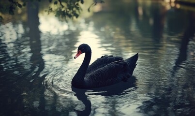 Naklejka premium Black swan floating on a quiet river, soft ripples and shadows reflecting on the water