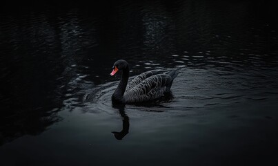 Fototapeta premium Black swan gliding across a reflective river, soft shadows and light shimmering in the water
