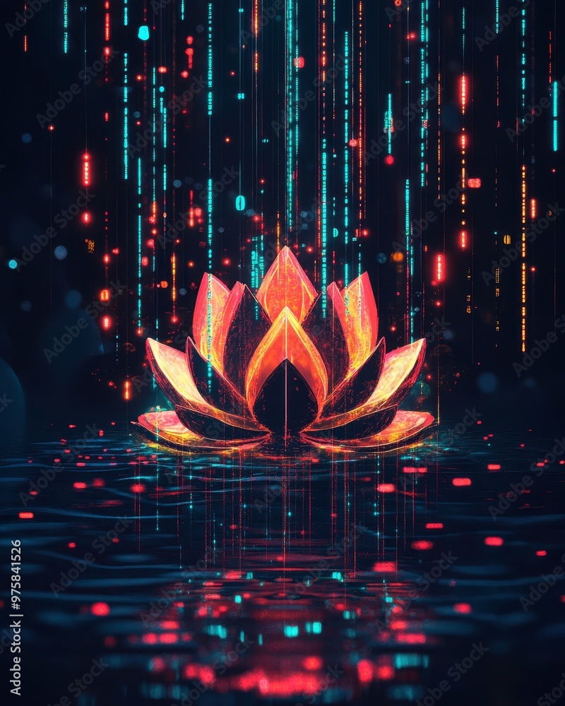 Aufkleber Neon-Lit Lotus Surrounded by Flowing Digital Binary Code in a Minimalist Style