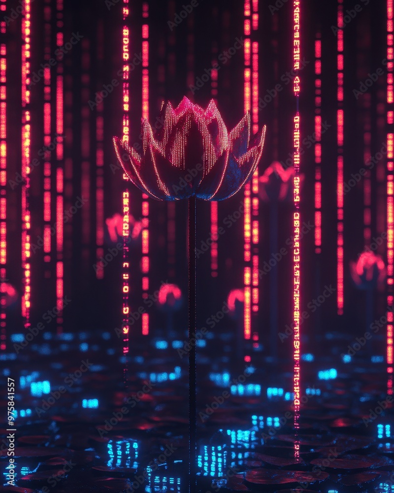 Poster Luminous Lotus Surrounded by Vibrant Digital Binary Code in an Abstract Space