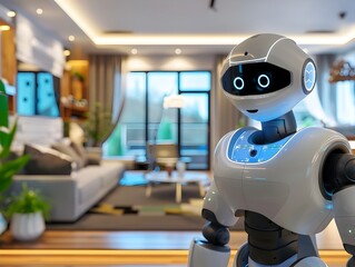 Fototapeta premium Robotic Home Assistant Adjusting Lighting and Temperature in a Smart Home Interior