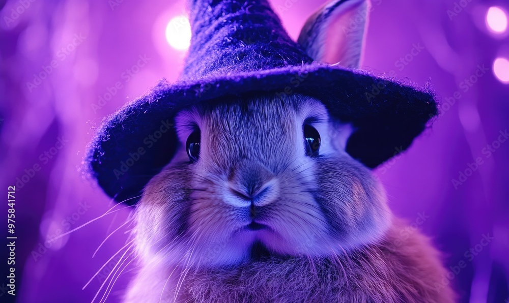 Poster close-up of a fluffy rabbit wearing a small crooked hat, with soft purple light in the background