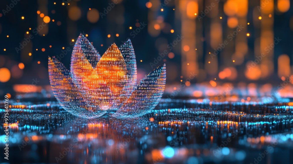 Aufkleber Digital Lotus Blooming With Vibrant Orange Lights and Binary Code in a Minimalist Aesthetic