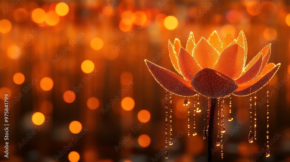 Poster Colorful Lotus Illuminated by Orange Lights and Digital Binary Code in a Minimalist Setting