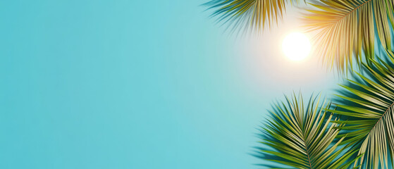 Tropical Serenity, vibrant palm fronds framing a radiant sun against a clear blue sky, evoking the essence of a warm, sun-soaked paradise, perfect for relaxation.