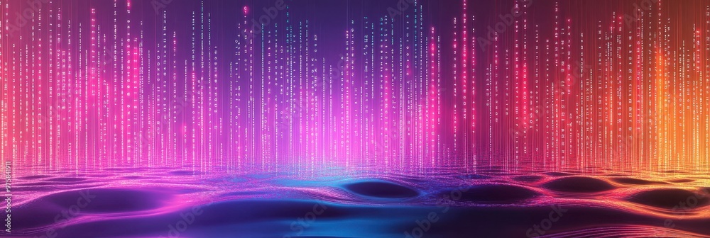 Poster vibrant digital binary code raised high amidst flowing neon lights in a minimalist landscape