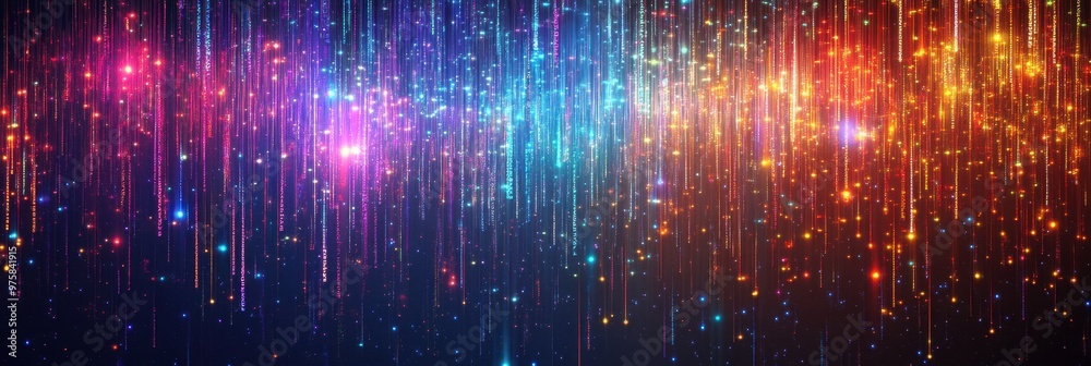Poster colorful neon lights flow around digital binary code raised high in the air at night