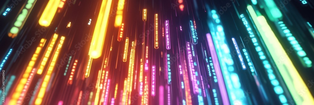 Poster Colorful Neon Lights and Digital Binary Code Animate a Minimalist Space in Vibrant Detail