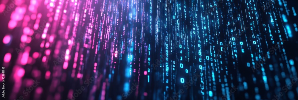 Poster Colorful Neon Binary Code Flowing Amidst Minimalist Aesthetics in an Abstract Digital Landscape