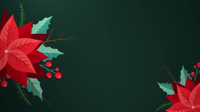 Beautiful Christmas floral background with a gently moving arrangement of Poinsettia flowers. Christmas tree decoration with red flowers animated.