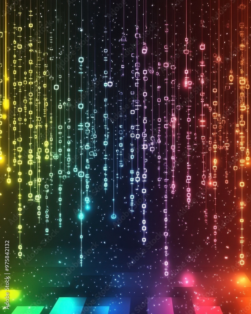 Poster colorful digital binary code illuminated by rainbow lights in a minimalist atmosphere at night