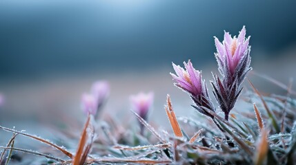  Close-up of frost-covered plant leaves with nearby frosted grass in the foreground, and a blue sky as the background