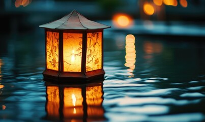 Close-up of a traditional paper lantern, glowing softly on water