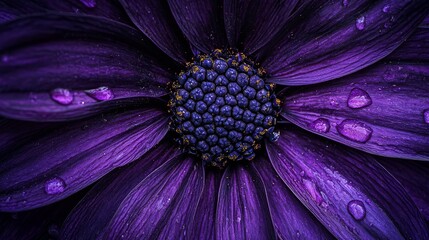 Obraz premium A tight shot of a purple flower, adorned with water droplets on its petals, each one glistening in reflection