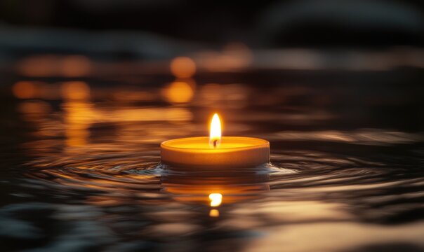 Close-up of a small floating candle on calm water, soft golden glow