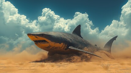Massive shark emerging from desert sand under dramatic cloudy sky