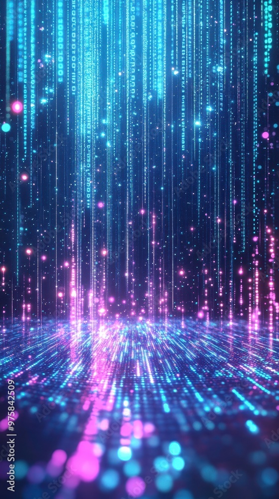 Poster Colorful Neon Lights and Digital Binary Code Create a Vibrant Minimalist Design Experience