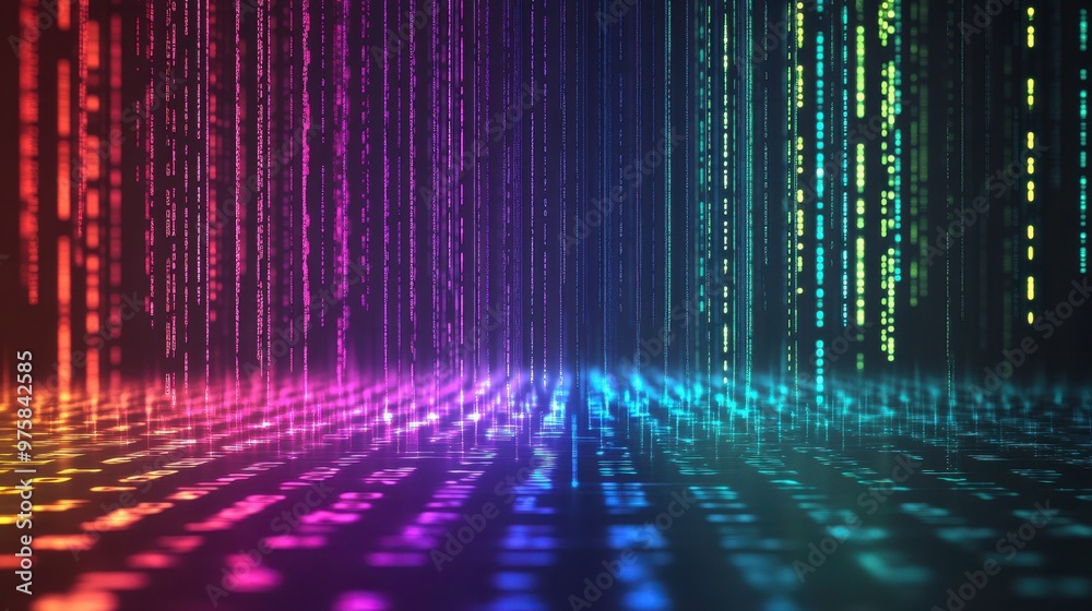 Wall mural colorful binary code illuminated by vibrant rainbow lights in a minimalist setting