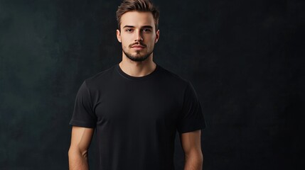 Young man in a blank black T-shirt, offering an ideal canvas for branding, logos, or text, with plenty of space for customization.