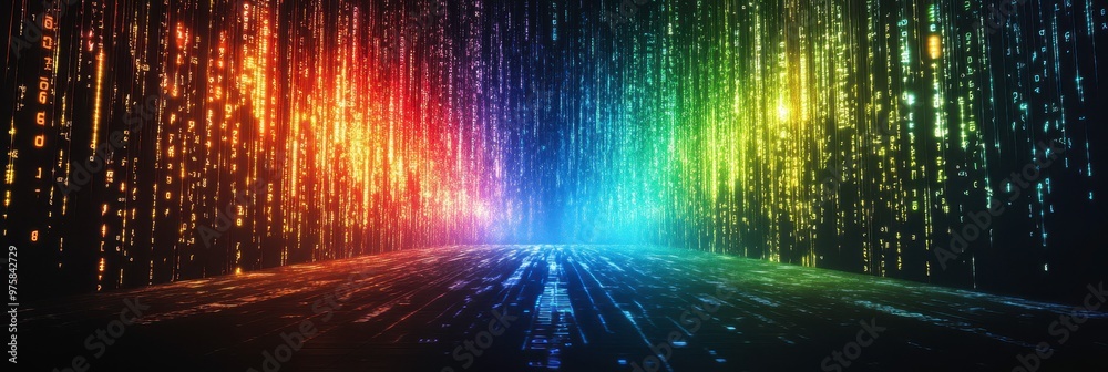 Poster colorful binary code flows amid vibrant rainbow lights in a minimalist digital landscape