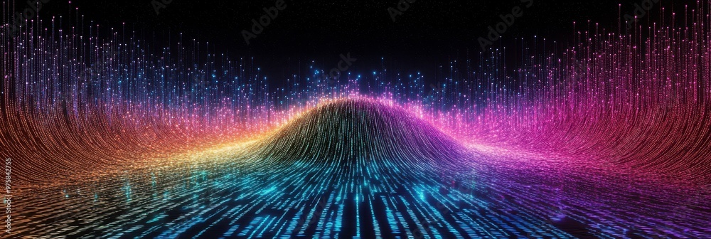 Poster Digital Binary Code Illuminated by Vibrant Rainbow Lights in a Minimalist Setting