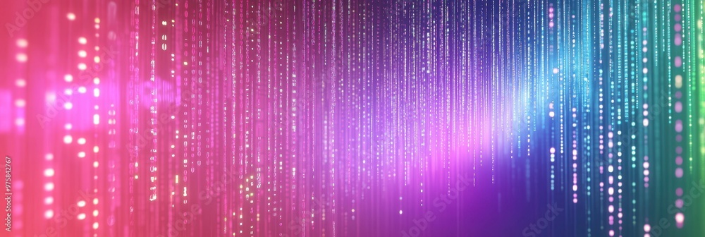 Poster Digital Binary Code Rising Amidst Colorful Rainbow Lights in a Minimalist Aesthetic Display