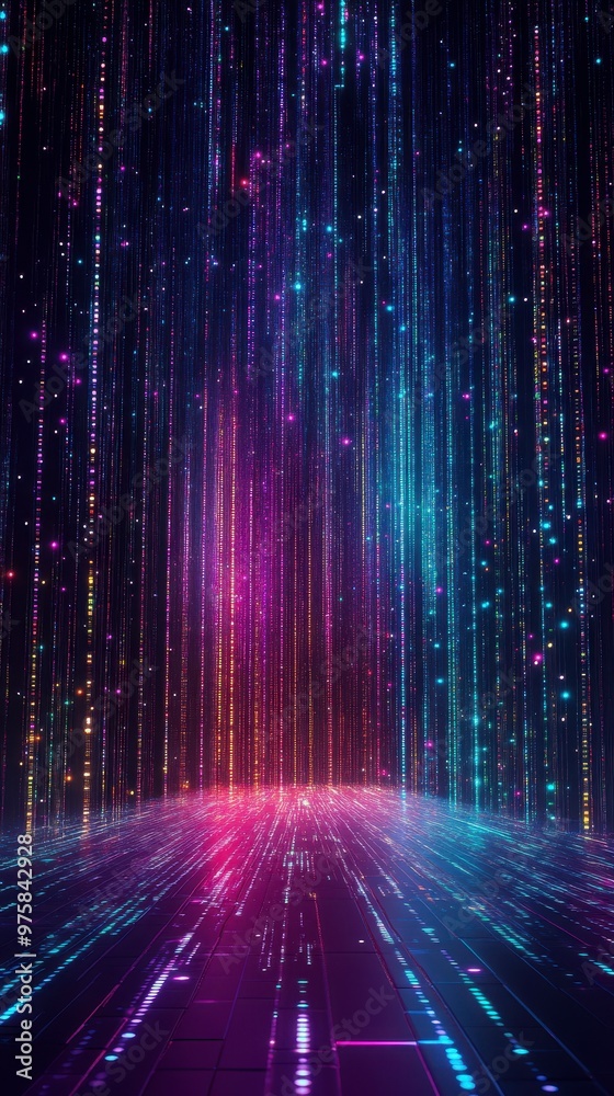 Aufkleber Dynamic Digital Binary Code Illuminated by Colorful Lights in a Minimalist Aesthetic Environment