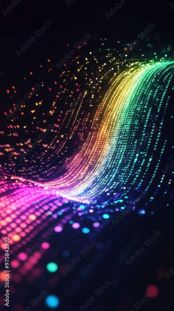Poster Digital Binary Code Illuminated by Rainbow Lights Against a Minimalist Background