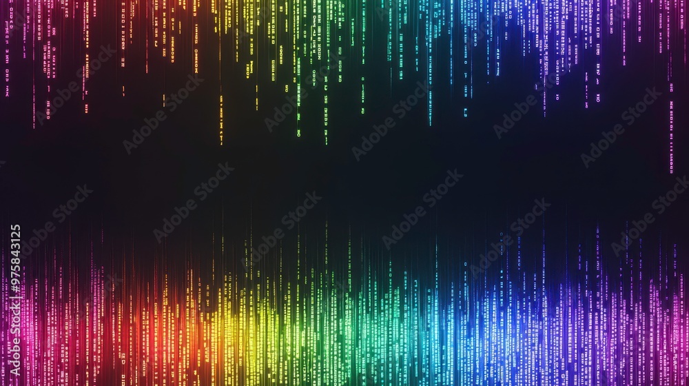 Fototapete colorful binary code flowing through a minimalist space illuminated by vibrant rainbow lights
