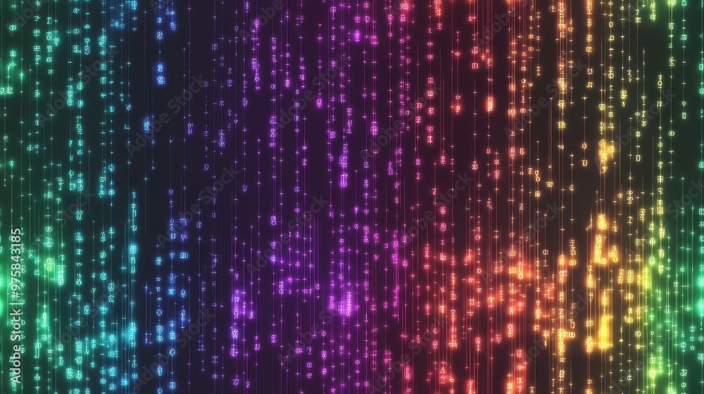 Poster Colorful Digital Binary Code Flowing Through Rainbow Lights in a Minimalist Aesthetic Design