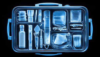 Obraz premium An x-ray view of a suitcase filled with various travel essentials and tools, showcasing organization and efficiency.