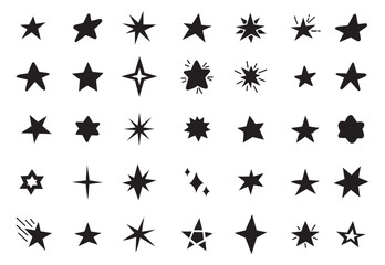 Set of hand drawn stars. Abstract seamless pattern of hand drawn black doodle stars on white background. Cute star shapes, black starburst doodle signs for Christmas decoration isolated set