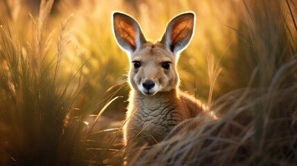 A close-up of a kangaroo's face, showcasing its large ears and expressive eyes, as it curiously gazes at the camera. The backdrop features lush green vegetation typical of the Australian bush