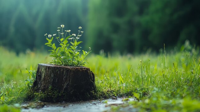  A tree stump in a grassy area, sporting a lone plant's growth Surrounded by verdant grass, dotted with nearby trees in the backdrop