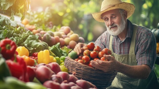 A man in a straw hat is holding a basket of tomatoes