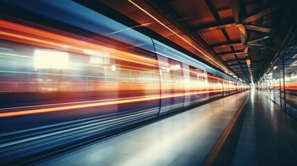 Abstract view of a passing train with the blurred reflections of people standing on the platform,