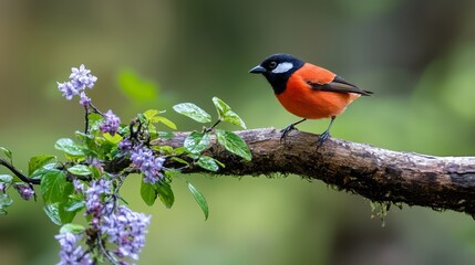 Fototapeta premium A small orange-and-black bird perches on a tree branch, surrounded by purple flowers; background softly blurred