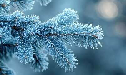 Coniferous needles close-up, frosted with snow